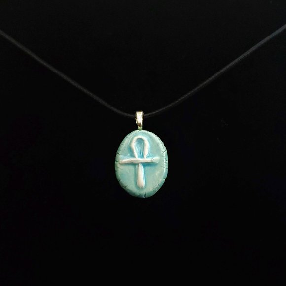 Handmade Ceramic Light Blue Ankh or Key of Life Pendant Necklace - Picture 1 of 14